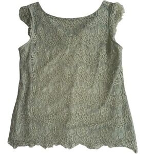 Sage Green Floral Lace Sleeveless Top Scalloped  Cap Sleeve Womens Medium
